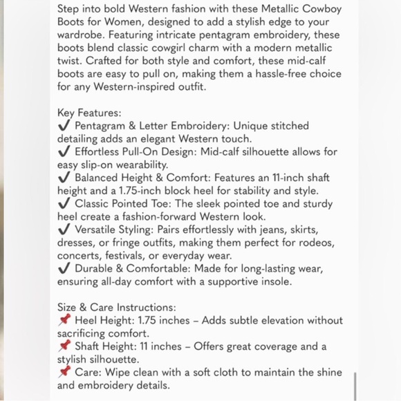 ⭐ Metallic Cowboy Boots for Women - Embroidered Mid Calf Western Cowgirl Boots - Picture 7 of 7